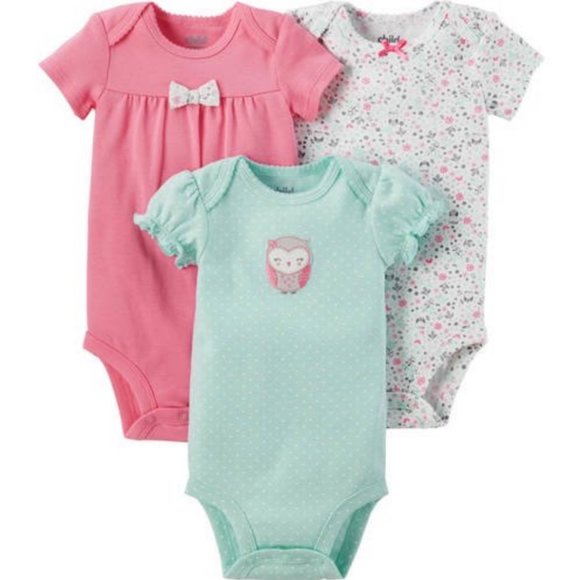 Child Of Mine By Carter's Baby Girl 3 Pack Bodysuit set of pink, floral, mint - Picture 1 of 16